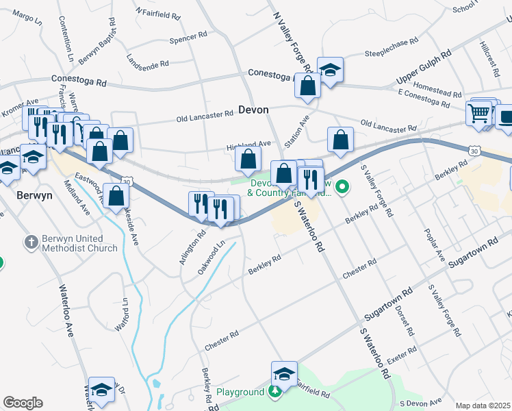 map of restaurants, bars, coffee shops, grocery stores, and more near 227 U.S. 30 in Wayne