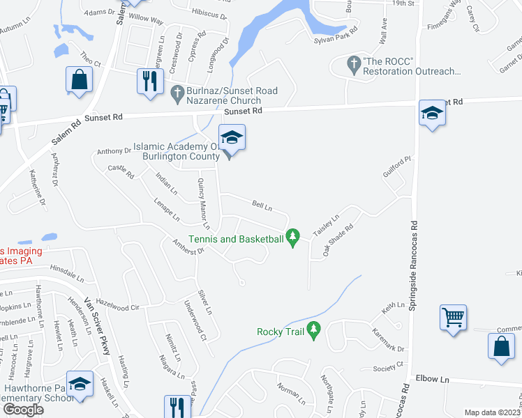 map of restaurants, bars, coffee shops, grocery stores, and more near 12 Bell Lane in Burlington