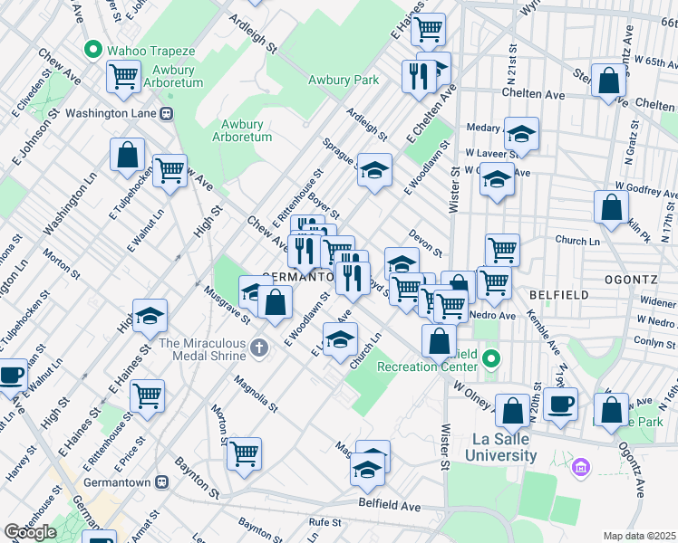 map of restaurants, bars, coffee shops, grocery stores, and more near 819 East Woodlawn Street in Philadelphia