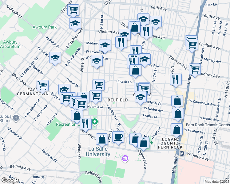 map of restaurants, bars, coffee shops, grocery stores, and more near 5964 North Opal Street in Philadelphia