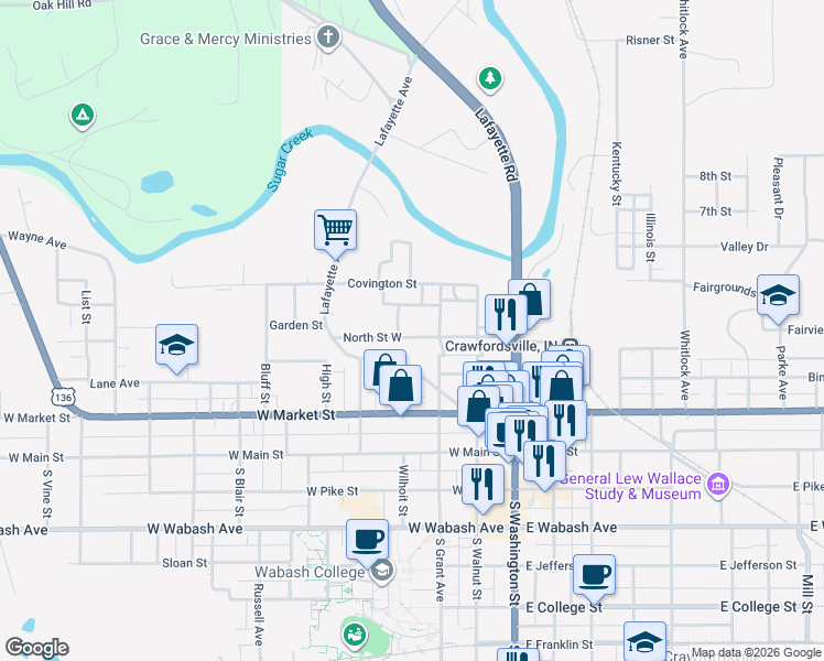 map of restaurants, bars, coffee shops, grocery stores, and more near 312 North Saint West in Crawfordsville