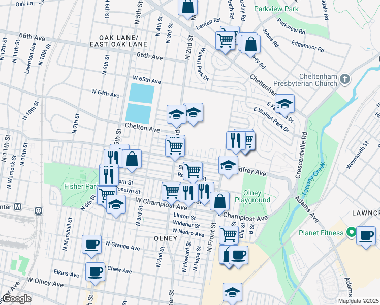 map of restaurants, bars, coffee shops, grocery stores, and more near 6218 North Hancock Street in Philadelphia