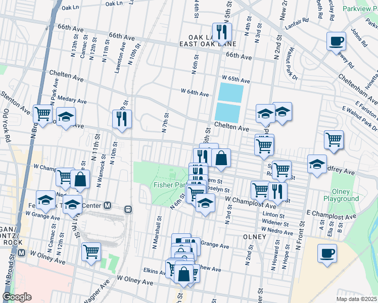 map of restaurants, bars, coffee shops, grocery stores, and more near 6144 North Fairhill Street in Philadelphia