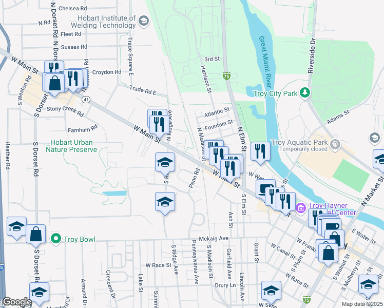 map of restaurants, bars, coffee shops, grocery stores, and more near 1011 W Main St in Troy