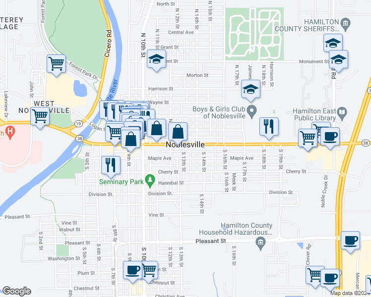 map of restaurants, bars, coffee shops, grocery stores, and more near 1309 Conner Street in Noblesville