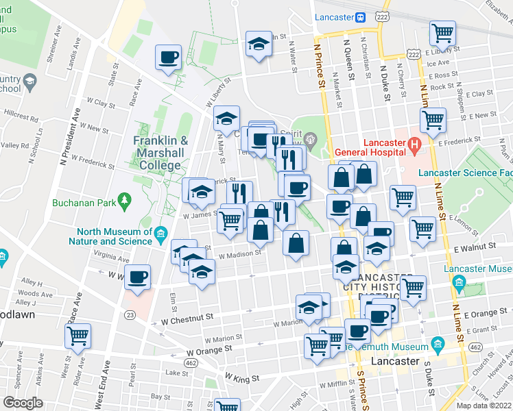 map of restaurants, bars, coffee shops, grocery stores, and more near 504 North Charlotte Street in Lancaster
