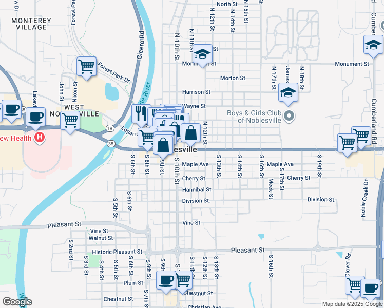 map of restaurants, bars, coffee shops, grocery stores, and more near 1095 Conner Street in Noblesville