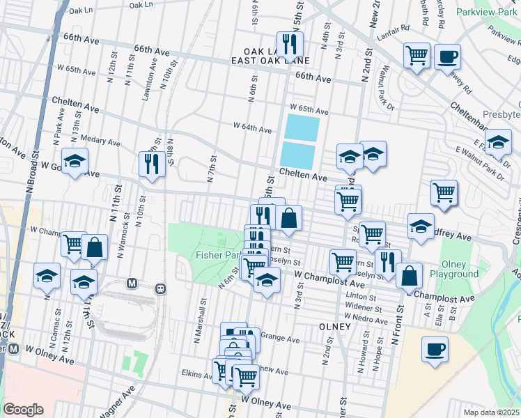 map of restaurants, bars, coffee shops, grocery stores, and more near 6150 North 5th Street in Philadelphia