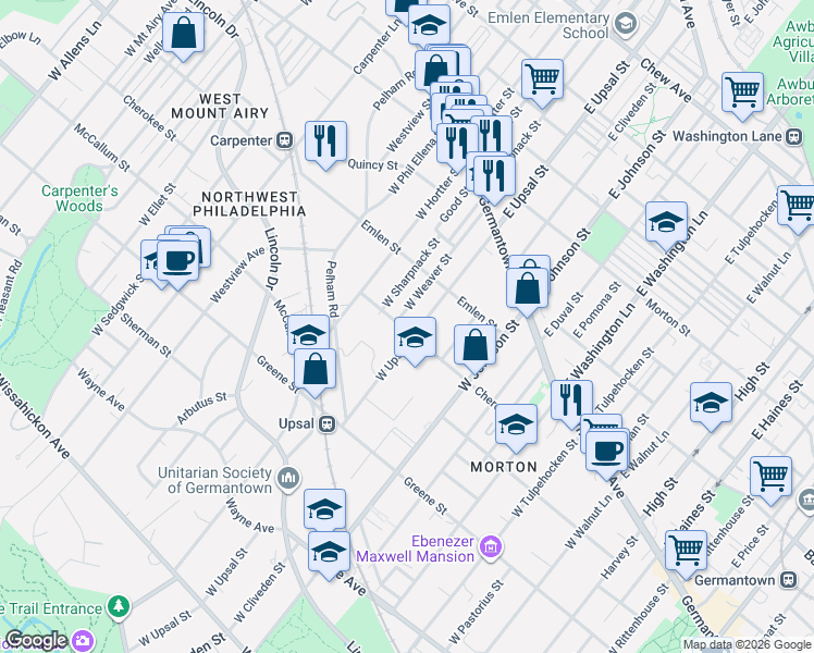 map of restaurants, bars, coffee shops, grocery stores, and more near 6525 Cherokee Street in Philadelphia