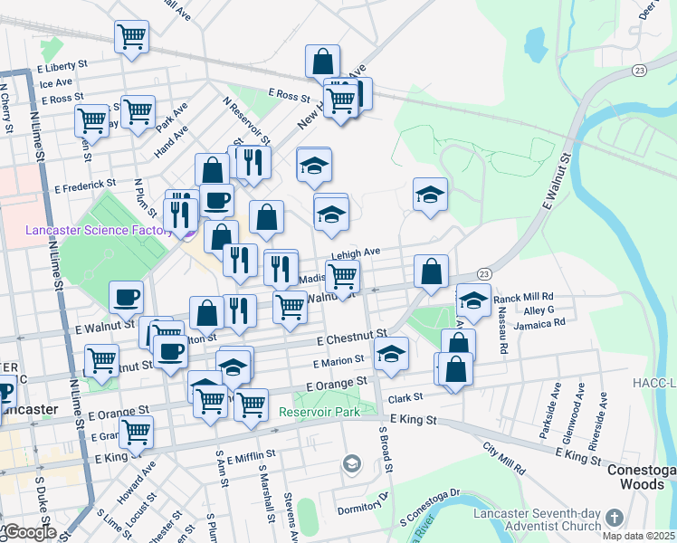 map of restaurants, bars, coffee shops, grocery stores, and more near 829 East Madison Street in Lancaster