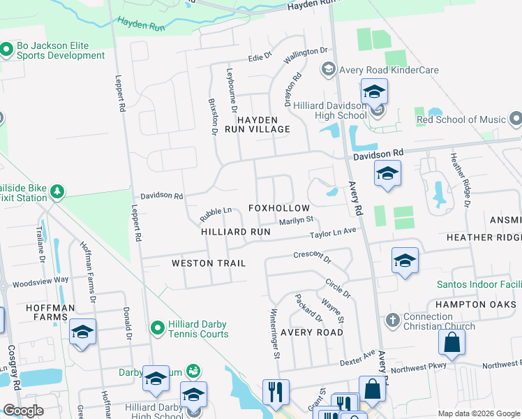 map of restaurants, bars, coffee shops, grocery stores, and more near 4609 Stonehill Street in Hilliard