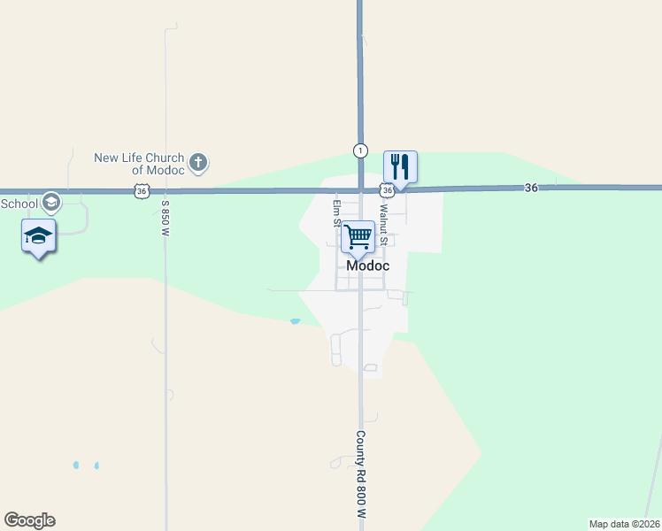 map of restaurants, bars, coffee shops, grocery stores, and more near 105 North Elm Street in Modoc