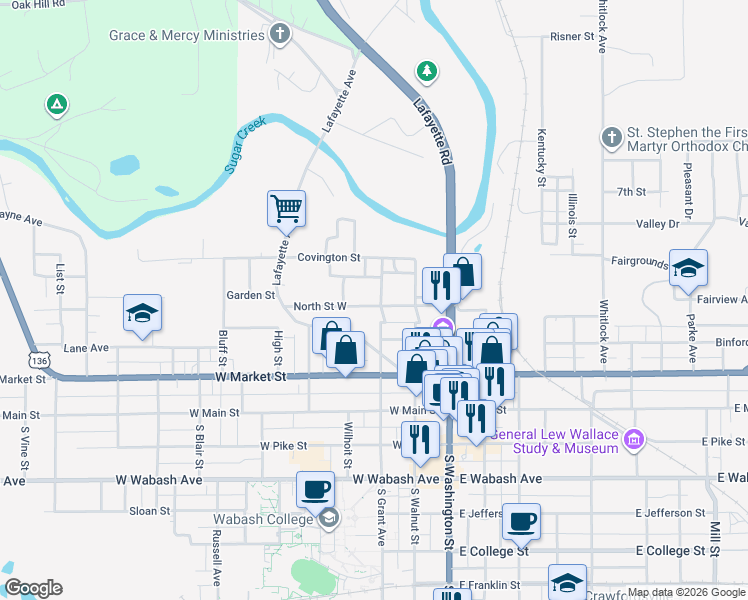 map of restaurants, bars, coffee shops, grocery stores, and more near 408 North Grant Avenue in Crawfordsville