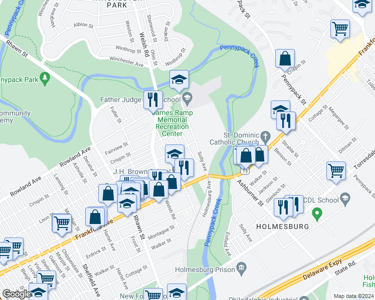 map of restaurants, bars, coffee shops, grocery stores, and more near 8229 Leon Street in Philadelphia