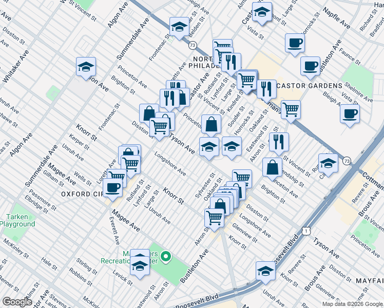 map of restaurants, bars, coffee shops, grocery stores, and more near 7001 Kindred Street in Philadelphia