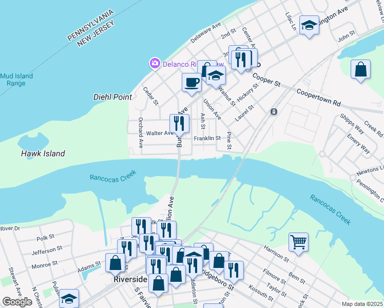 map of restaurants, bars, coffee shops, grocery stores, and more near 216 Buttonwood Street in Delanco