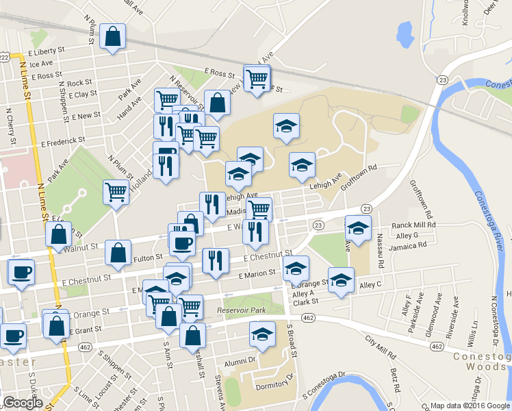 map of restaurants, bars, coffee shops, grocery stores, and more near 829 East Madison Street in Lancaster