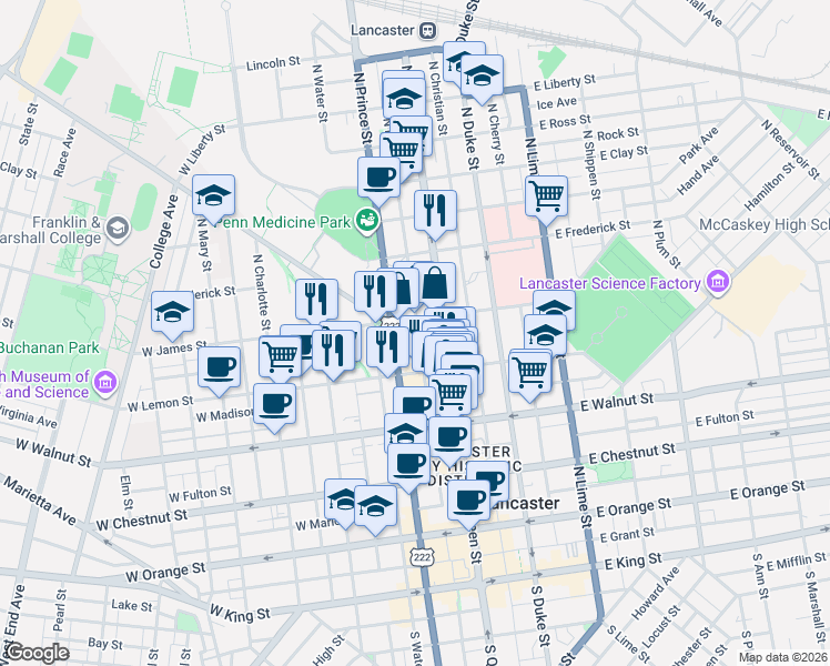 map of restaurants, bars, coffee shops, grocery stores, and more near 446 North Market Street in Lancaster