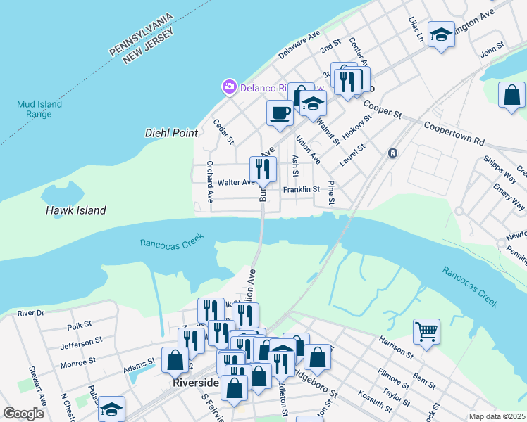 map of restaurants, bars, coffee shops, grocery stores, and more near Burlington Ave & Rancocas Ave in Delanco