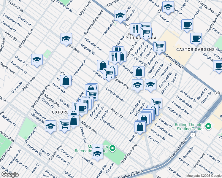 map of restaurants, bars, coffee shops, grocery stores, and more near 1519 Longshore Avenue in Philadelphia