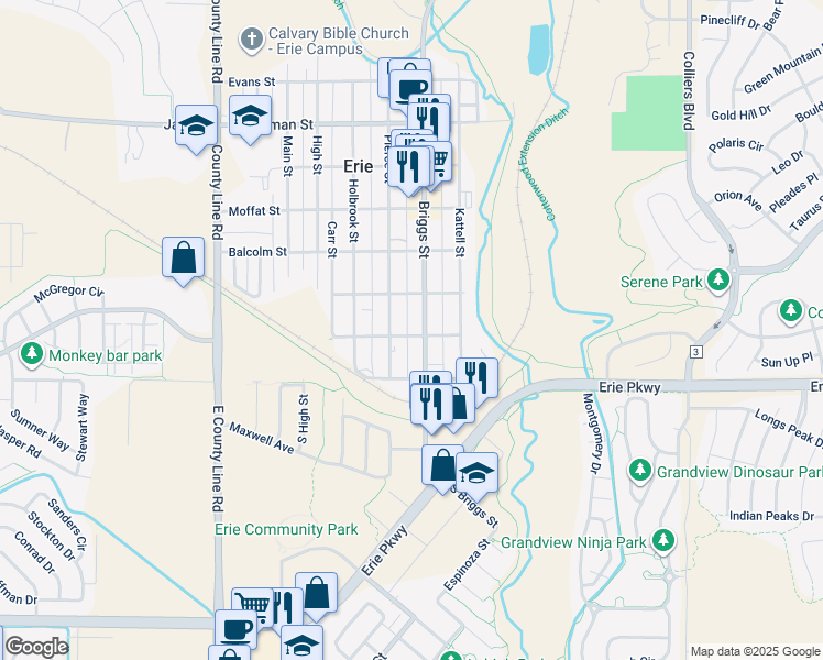 map of restaurants, bars, coffee shops, grocery stores, and more near 200 Briggs Street in Erie