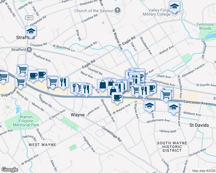 map of restaurants, bars, coffee shops, grocery stores, and more near 115 Francis Avenue in Wayne