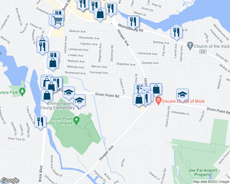map of restaurants, bars, coffee shops, grocery stores, and more near 100 Drum Point Road in Brick Township