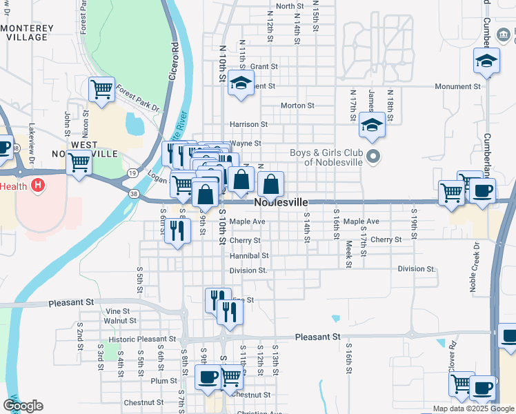 map of restaurants, bars, coffee shops, grocery stores, and more near 1195 Conner Street in Noblesville
