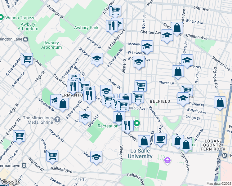 map of restaurants, bars, coffee shops, grocery stores, and more near 917R Church Lane in Philadelphia