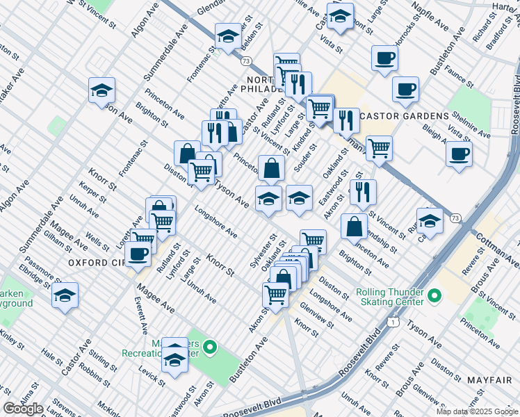 map of restaurants, bars, coffee shops, grocery stores, and more near 7001 Kindred Street in Philadelphia