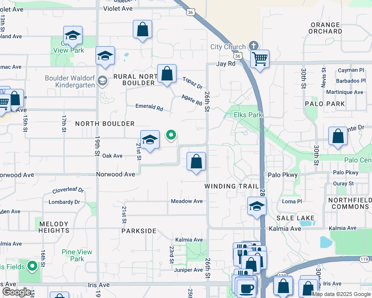 map of restaurants, bars, coffee shops, grocery stores, and more near 3895 Norwood Court in Boulder