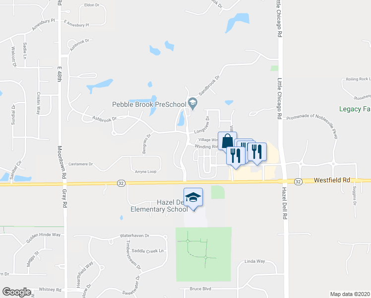 map of restaurants, bars, coffee shops, grocery stores, and more near Pebble Brook Boulevard in Noblesville