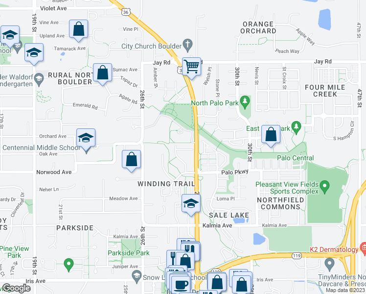 map of restaurants, bars, coffee shops, grocery stores, and more near 2735 Northbrook Place in Boulder