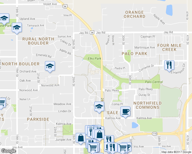 map of restaurants, bars, coffee shops, grocery stores, and more near 2737 Northbrook Place in Boulder