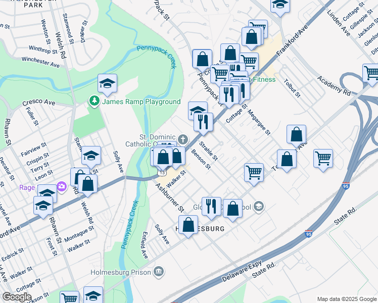 map of restaurants, bars, coffee shops, grocery stores, and more near 8521 Frankford Avenue in Philadelphia