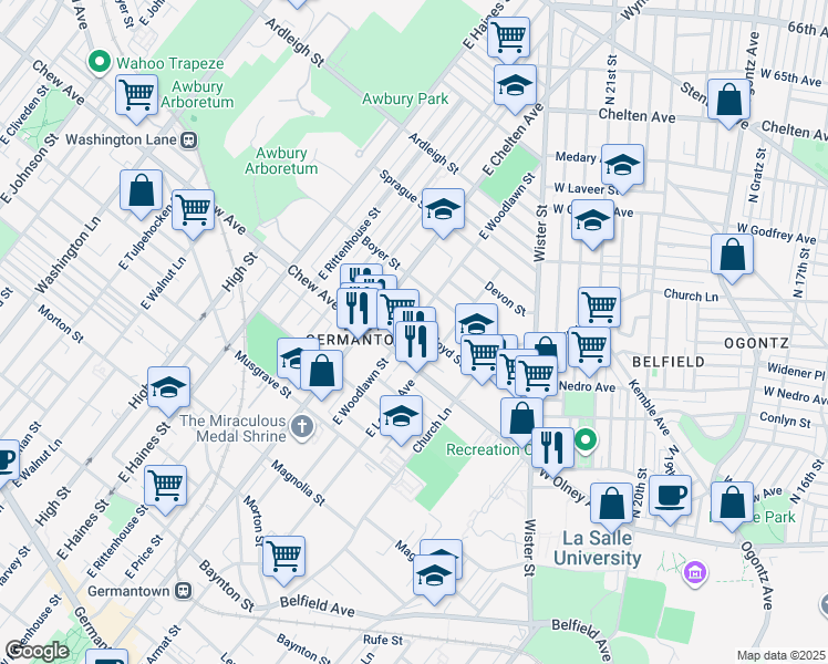 map of restaurants, bars, coffee shops, grocery stores, and more near 832 East Woodlawn Street in Philadelphia