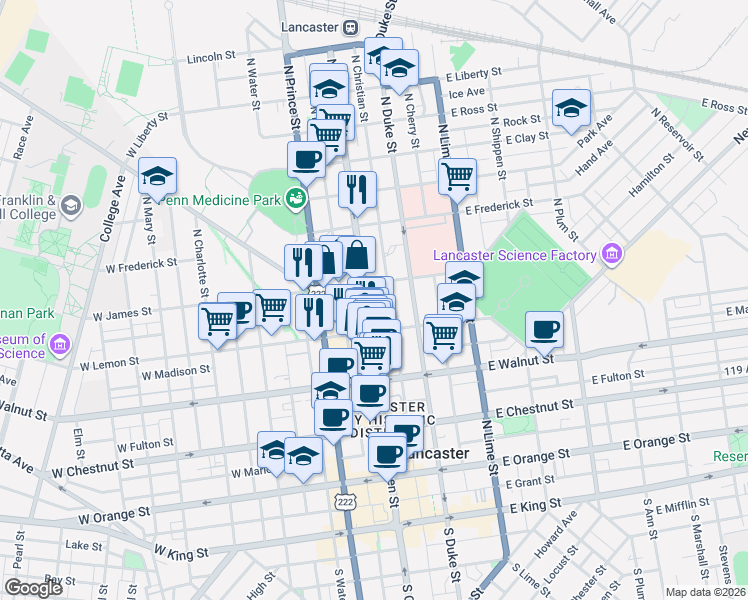 map of restaurants, bars, coffee shops, grocery stores, and more near 440 North Christian Street in Lancaster