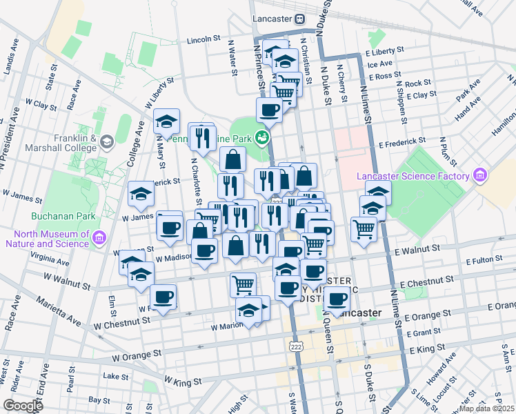 map of restaurants, bars, coffee shops, grocery stores, and more near 216 1/2 West James Street in Lancaster