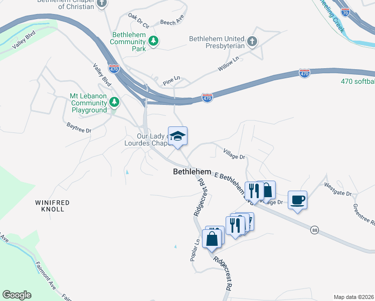 map of restaurants, bars, coffee shops, grocery stores, and more near 8 Village Drive in Wheeling