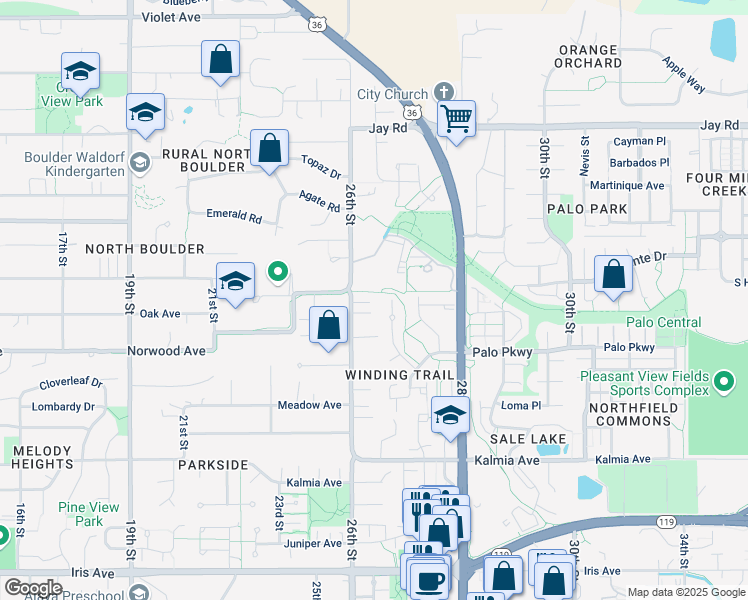 map of restaurants, bars, coffee shops, grocery stores, and more near 3880 26th Street in Boulder