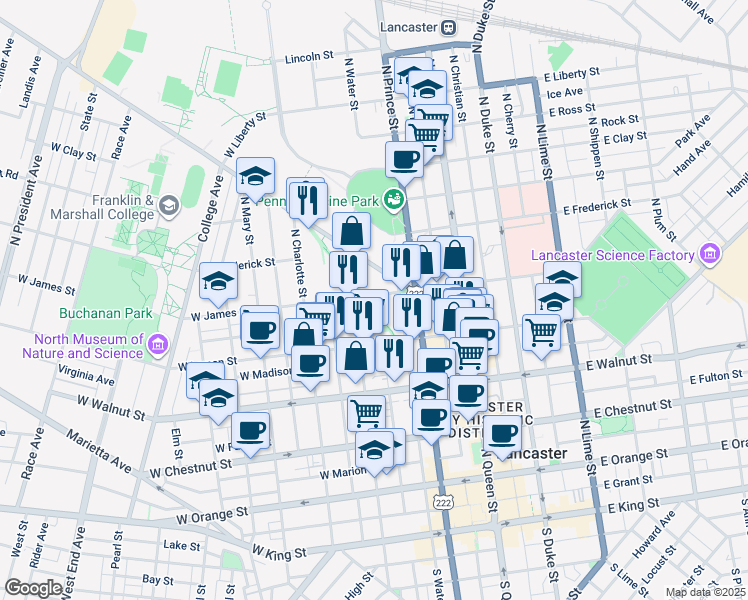 map of restaurants, bars, coffee shops, grocery stores, and more near 232 West James Street in Lancaster