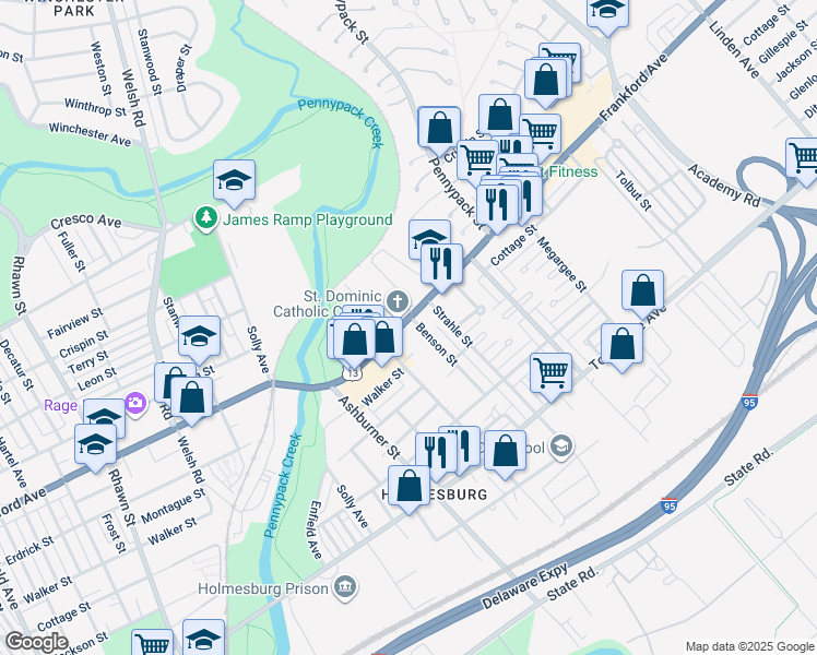 map of restaurants, bars, coffee shops, grocery stores, and more near 8521 Frankford Avenue in Philadelphia