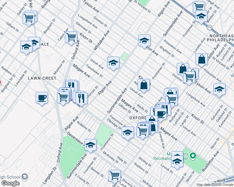 map of restaurants, bars, coffee shops, grocery stores, and more near 1129 Magee Avenue in Philadelphia