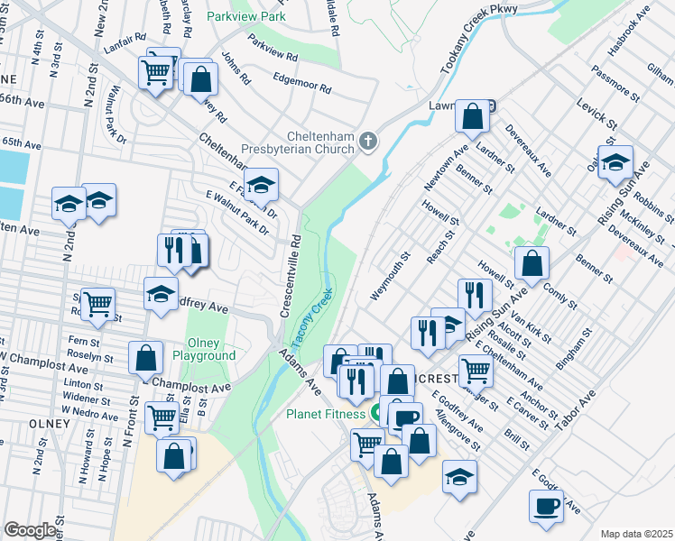 map of restaurants, bars, coffee shops, grocery stores, and more near 280 East Cheltenham Avenue in Philadelphia