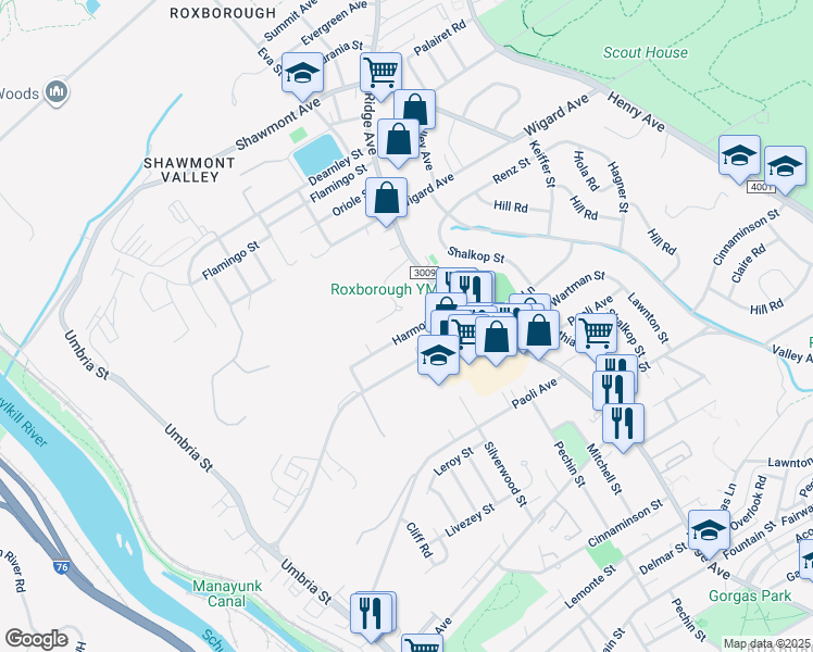 map of restaurants, bars, coffee shops, grocery stores, and more near 466 Harmon Road in Philadelphia