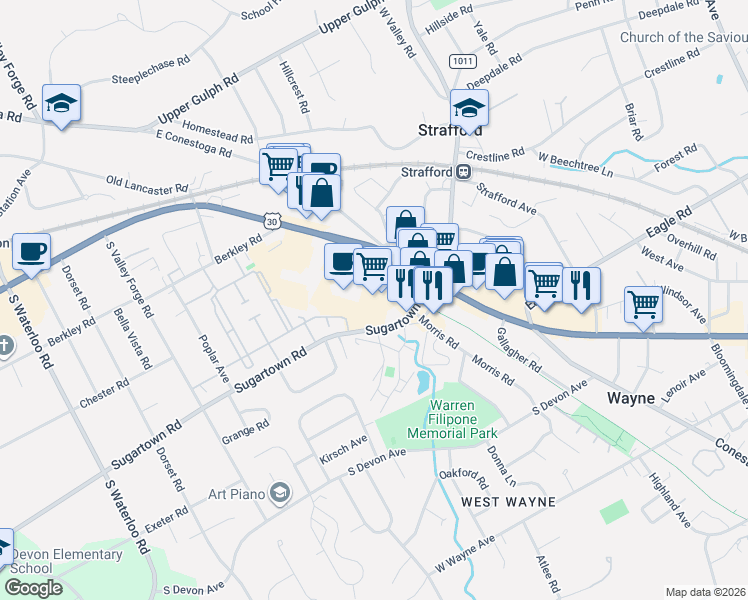 map of restaurants, bars, coffee shops, grocery stores, and more near 702 West Lancaster Avenue in Wayne