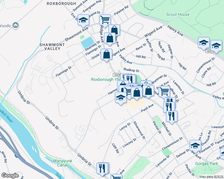 map of restaurants, bars, coffee shops, grocery stores, and more near 466 Harmon Road in Philadelphia