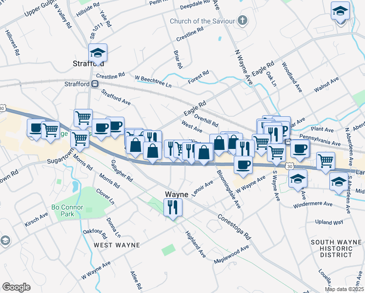 map of restaurants, bars, coffee shops, grocery stores, and more near 20 Farm Road in Wayne