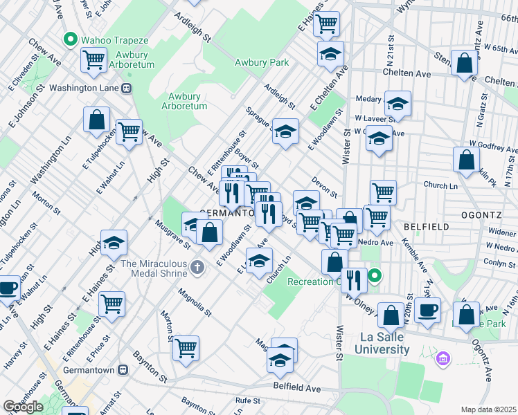map of restaurants, bars, coffee shops, grocery stores, and more near 823 East Woodlawn Street in Philadelphia
