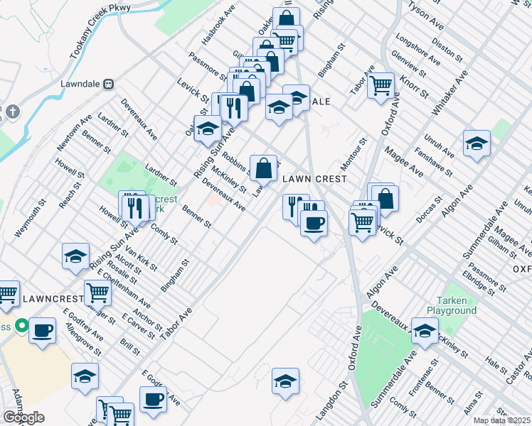 map of restaurants, bars, coffee shops, grocery stores, and more near 6210 Tabor Avenue in Philadelphia